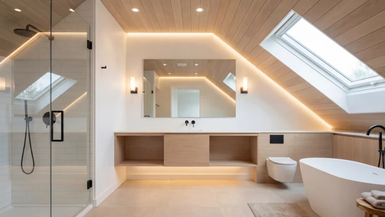 Kompleksowe oświetlenie łazienki na poddaszu ze strefami świetlnymi i lampami pod skosami