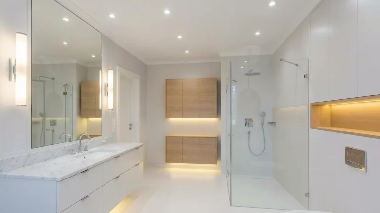 Kompleksowe oświetlenie łazienki z podziałem na strefy funkcjonalne - przykład nowoczesnej aranżacji