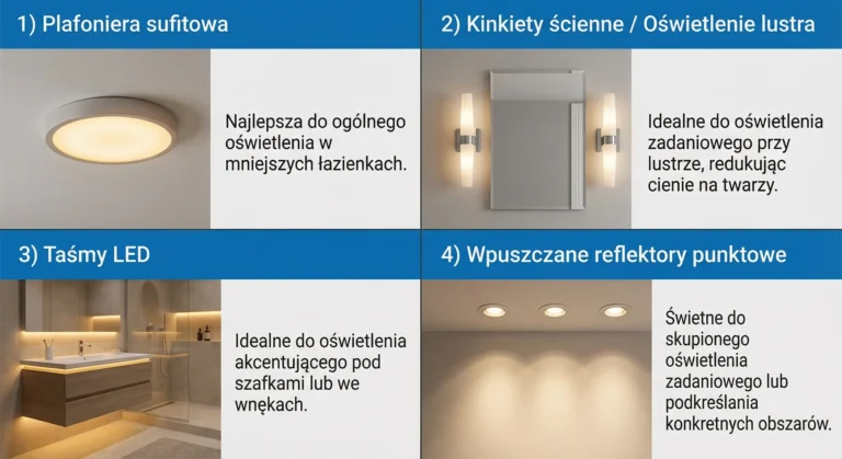 Nowoczesne lampy do łazienki - porównanie plafonów, kinkietów i oświetlenia punktowego