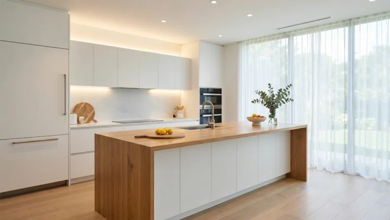 Nowoczesne meble kuchenne w stylu minimalistycznym z białymi frontami i drewnianym blatem