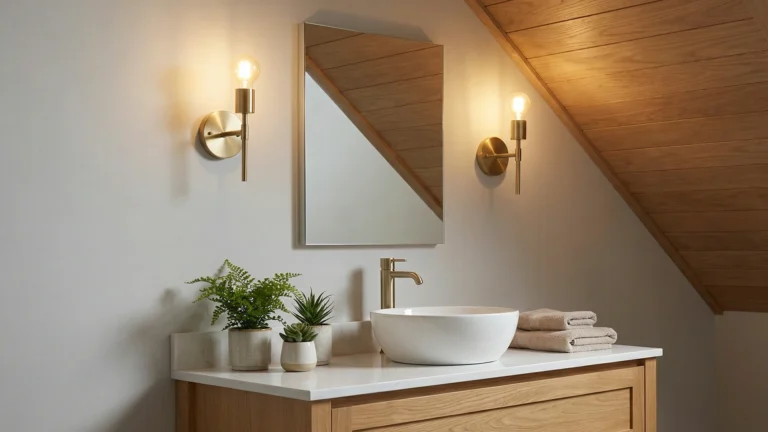 Oświetlenie lustra w łazience na poddaszu z kinkietami po bokach