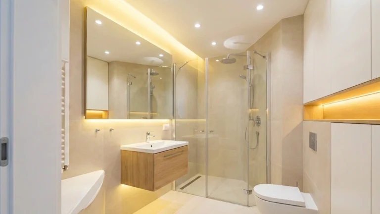 Oświetlenie małej łazienki z wykorzystaniem luster i taśm LED do optycznego powiększenia przestrzeni