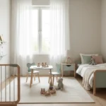 Pokój dziecięcy z estetycznymi zabezpieczeniami narożników i szafek, łączący bezpieczeństwo z designem