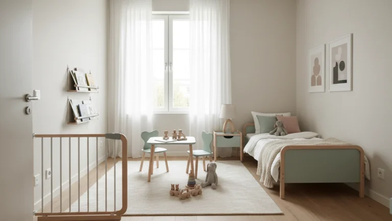 Pokój dziecięcy z estetycznymi zabezpieczeniami narożników i szafek, łączący bezpieczeństwo z designem