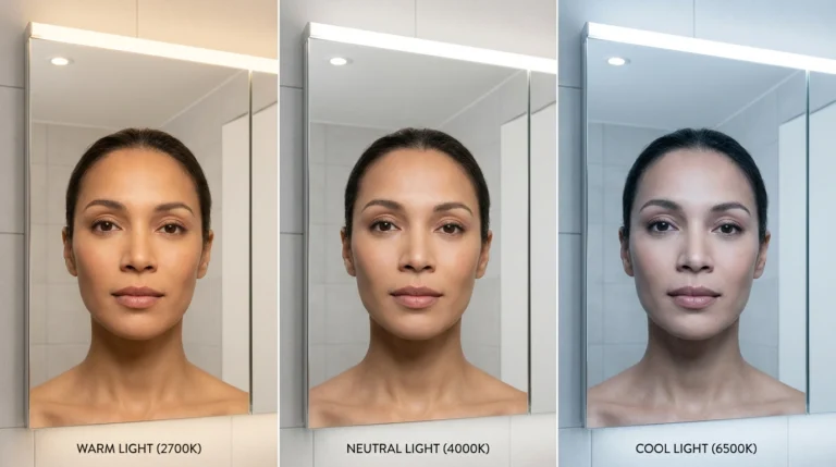 Porównanie różnych barw światła i ich wpływu na wygląd twarzy przy lustrze łazienkowym