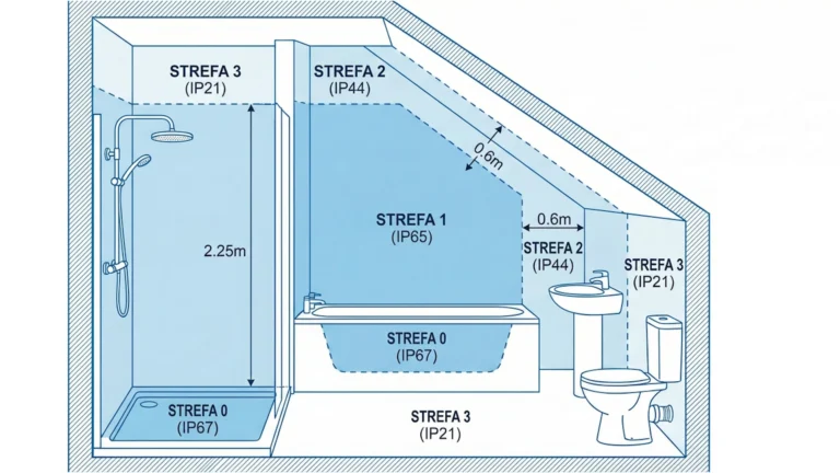 Strefy bezpieczeństwa IP w łazience na poddaszu z oznaczeniami klas szczelności