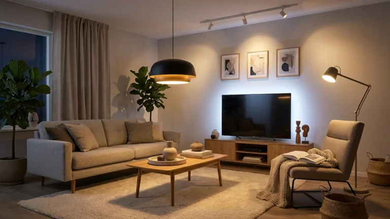 Trzy podstawowe rodzaje oświetlenia w salonie: ogólne, zadaniowe i dekoracyjne na przykładzie nowoczesnego wnętrza