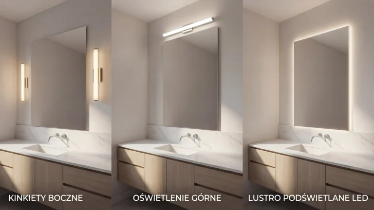 Różne rodzaje oświetlenia lustra w łazience - porównanie efektów światła bocznego, górnego i obwodowego