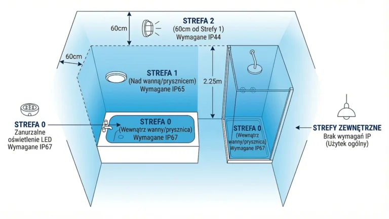 Infografika przedstawiająca strefy oświetleniowe w łazience z klasami szczelności IP