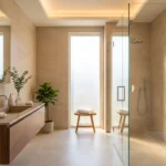 Nowoczesna jasna łazienka z płytkami wielkoformatowymi i mozaiką