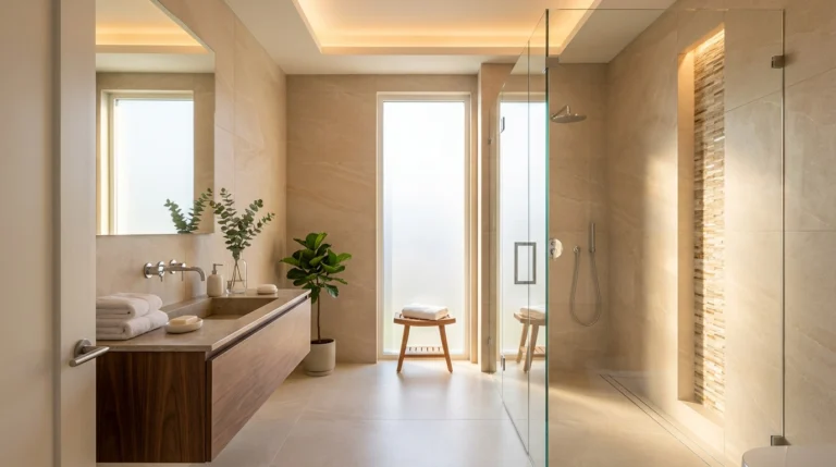 Nowoczesna jasna łazienka z płytkami wielkoformatowymi i mozaiką