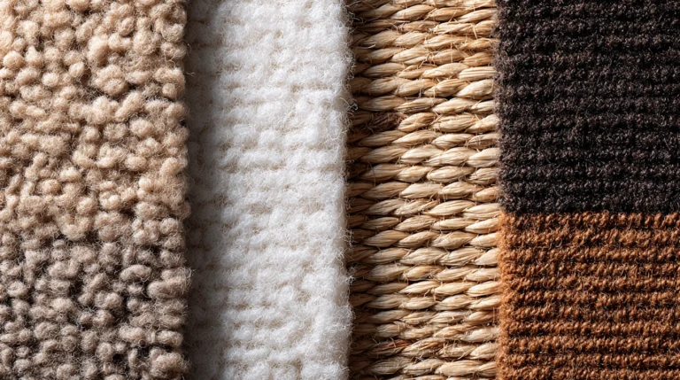 Zbliżenie na cztery różne materiały dywanów: wełna z widocznymi naturalnymi włóknami, bawełna z płaskim splotem, syntetyczny polipropylen o gładkim wykończeniu, juta z charakterystyczną szorstką fakturą